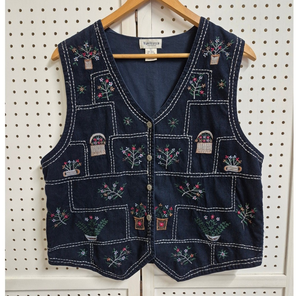 Van Heusen Navy Blue Corduroy Floral Embroidered Vest Size Large Cottagecore